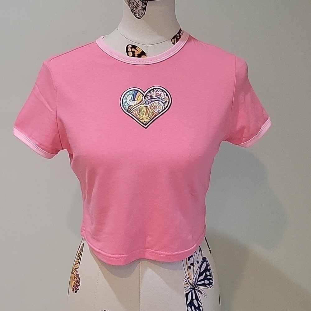 Pink crop top tee.  Size 8.  95% cotton with heart design sun moon patch.